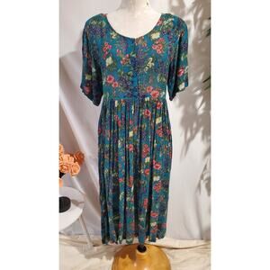 La Cera Comfortwear Floral Tieback Midi Dress Size M Cottage Prairie Granny Blue